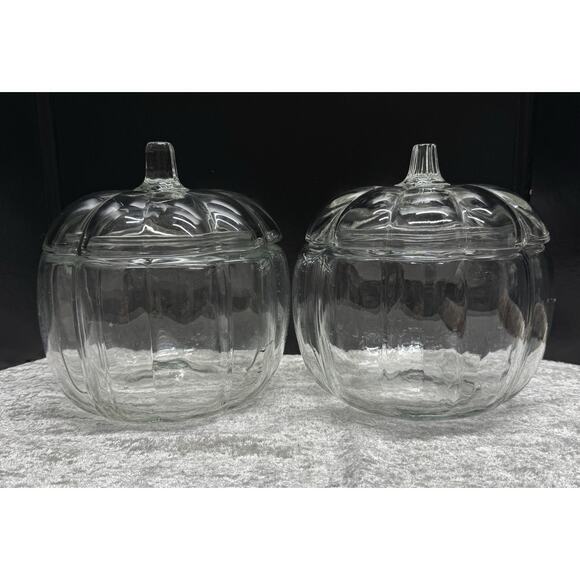 2 Vntg Anchor Hocking Clear Fall Glass Pumpkin Cookie Jars Candy Dish Canisters - Picture 8 of 10